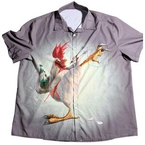 Rooster BBQ Beer Shirt Mens 2XL Grey New Graphic Button Down Short Sleeve